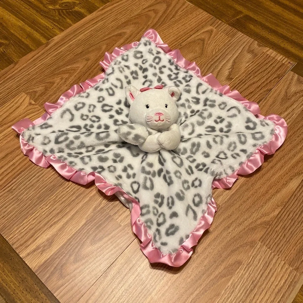 Okie Dokie Leopard Print Plush Blanket with Pink Trim Lovie Satin